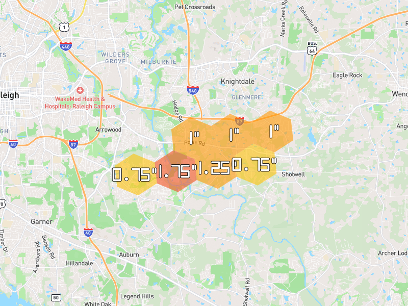 Hail map of Knightdale, NC on Jul 6, 2026, hail up to 1.75"