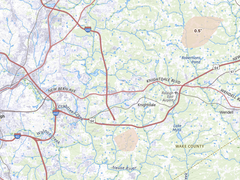 Radar-estimated hail-size map of the storm over Knightdale, NC on Aug 20, 2026