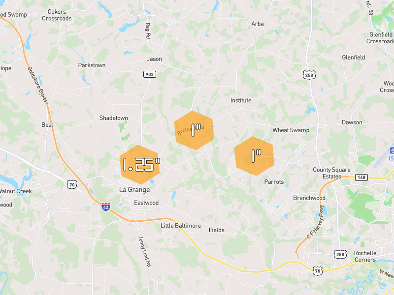 Hail map of La Grange, NC on Jun 28, 2026, hail up to 1.25"