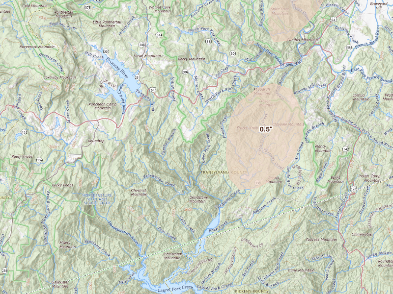Radar-estimated hail-size map of the storm over Lake Toxaway, NC