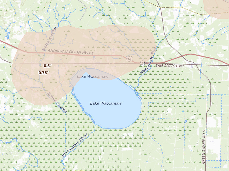 Radar-estimated hail-size map of the storm over Lake Waccamaw, NC on Aug 21, 2026