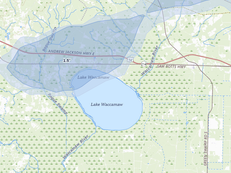 NEXRAD radar-signature map of the hail storm over Lake Waccamaw, NC on Aug 21, 2026