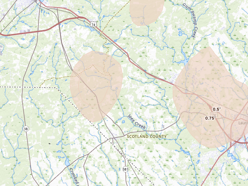 Radar-estimated hail-size map of the storm over Laurel Hill, NC on Jul 5, 2026