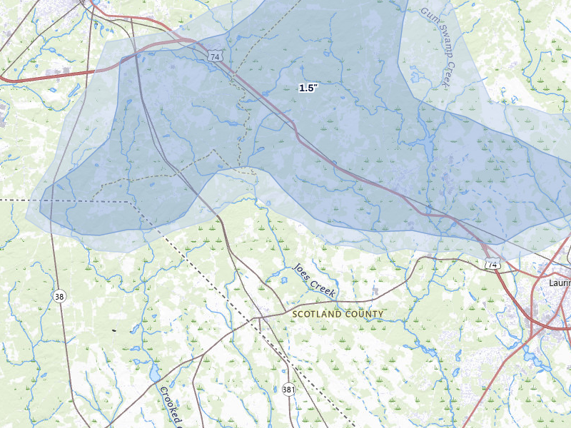 NEXRAD radar-signature map of the hail over Laurel Hill, NC