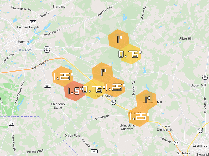 Hail map of Laurel Hill, NC on Jul 5, 2026, hail up to 1.5"