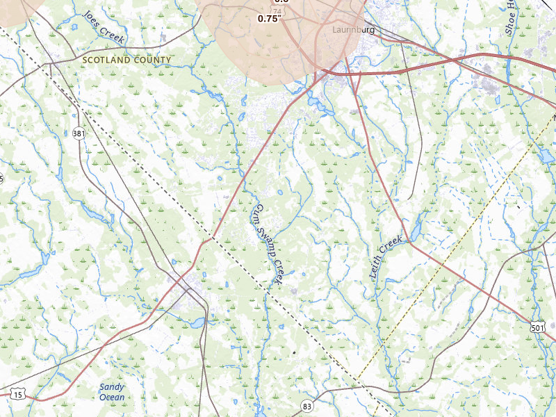 Radar-estimated hail-size map of the storm over Laurinburg, NC on Jul 5, 2026