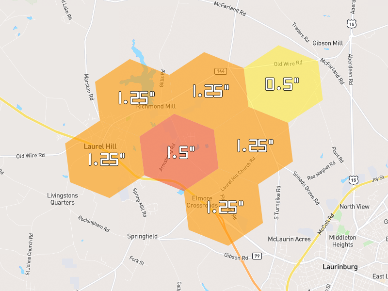 Hail map of Laurinburg, NC on Jul 5, 2026, hail up to 1.5"