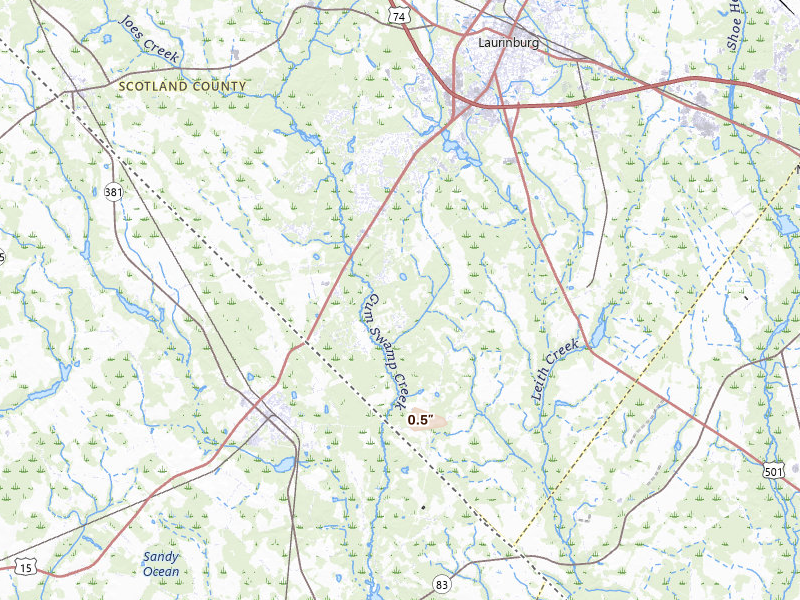 Radar-estimated hail-size map of the storm over Laurinburg, NC on Jul 18, 2026