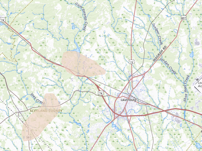 Radar-estimated hail-size map of the storm over Laurinburg, NC on Aug 11, 2026