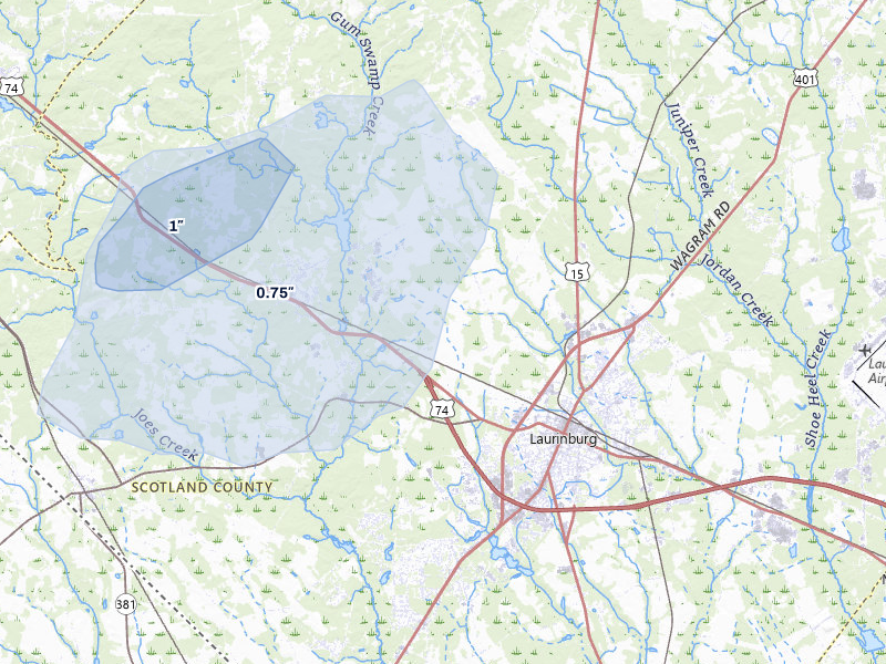 NEXRAD radar-signature map of the hail storm over Laurinburg, NC on Aug 11, 2026