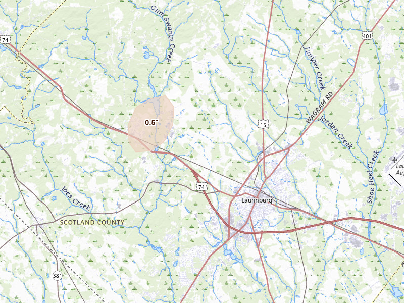 Radar-estimated hail-size map of the storm over Laurinburg, NC on Aug 23, 2026