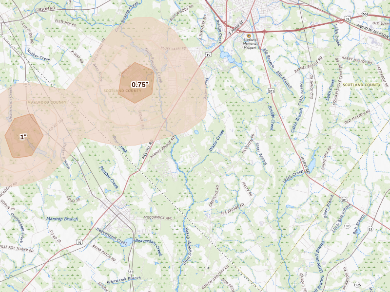 Radar-estimated hail-size map of the storm over Laurinburg, NC