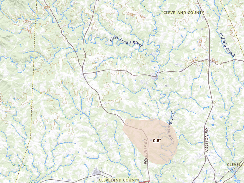 Radar-estimated hail-size map of the storm over Lawndale, NC on Jul 28, 2026