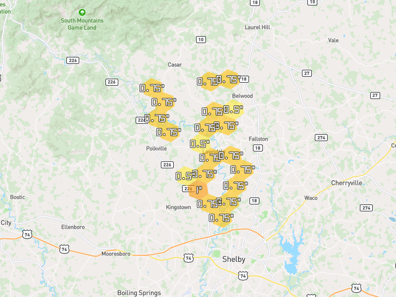 Hail map of Lawndale, NC on Jul 28, 2026, hail up to 1"