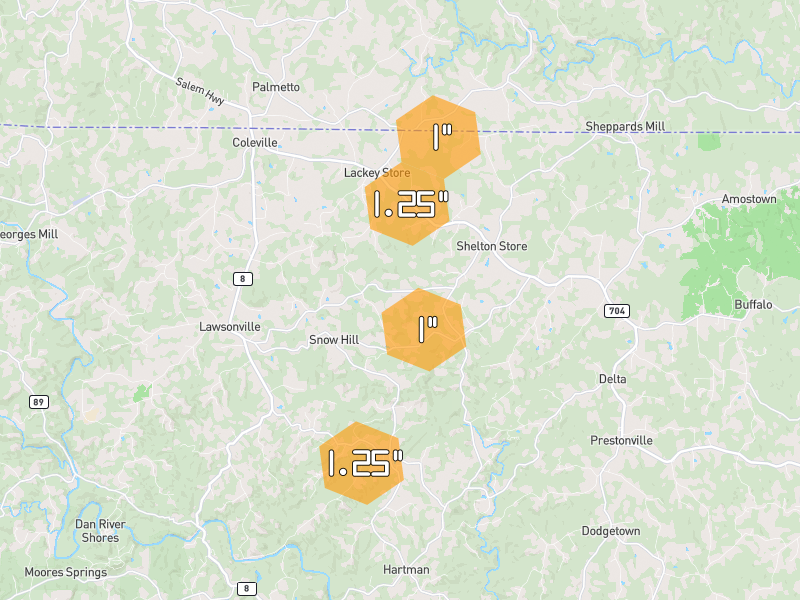 Hail map of Lawsonville, NC on Jul 4, 2026, hail up to 1.25"