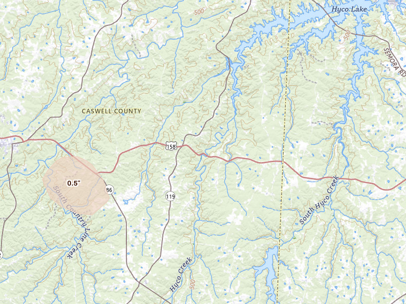 Radar-estimated hail-size map of the storm over Leasburg, NC on Jul 28, 2026