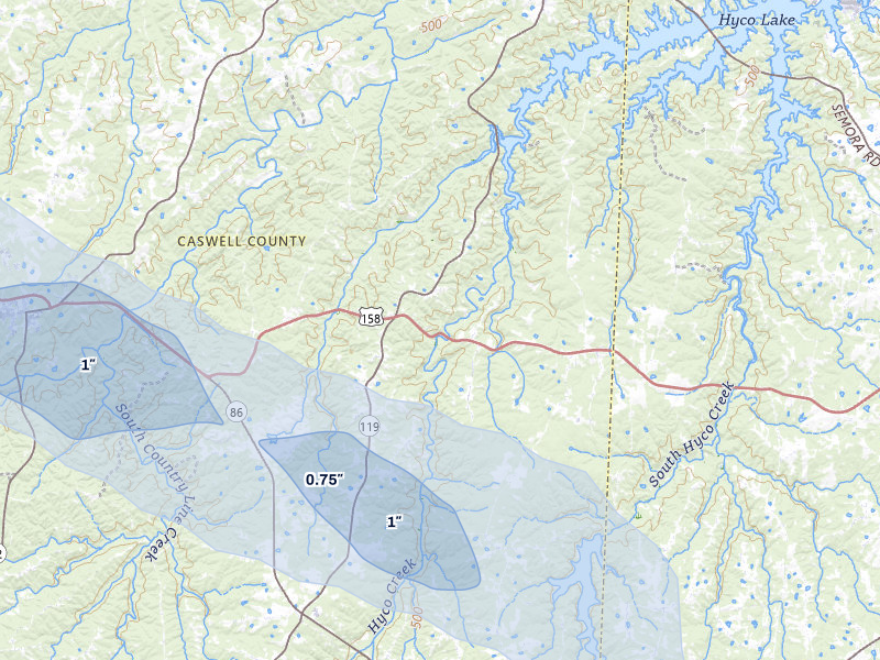 NEXRAD radar-signature map of the hail over Leasburg, NC