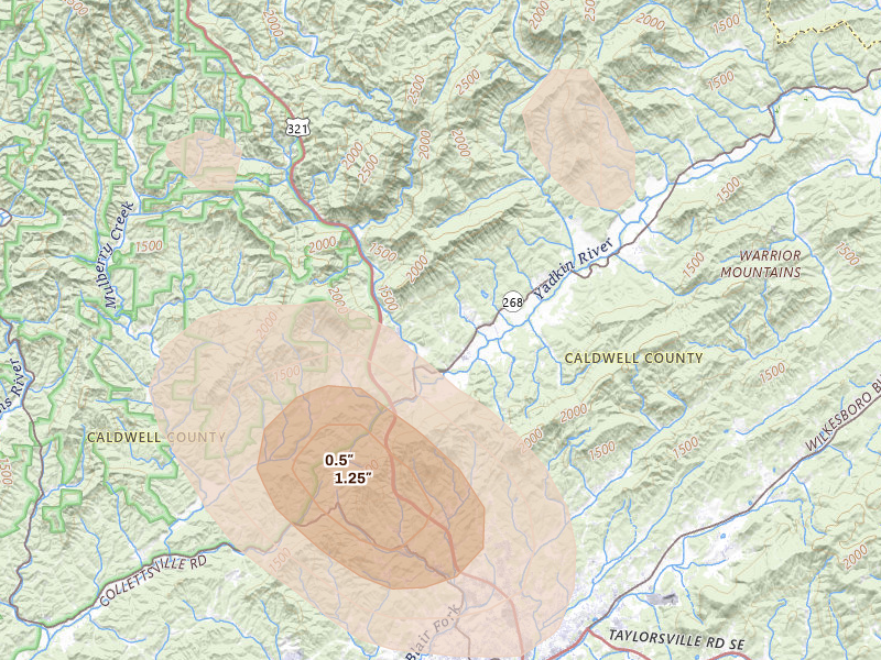 Radar-estimated hail-size map of the storm over Lenoir, NC on Aug 11, 2026