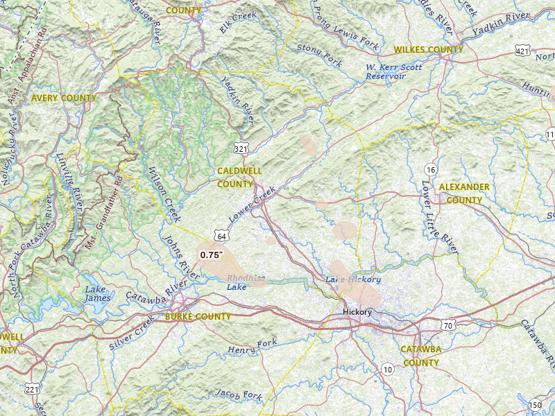 Radar-estimated hail-size map of the storm over Lenoir, NC on Aug 17, 2026