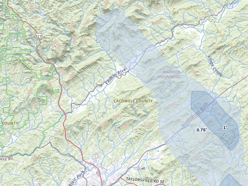 NEXRAD radar-signature map of the hail storm over Lenoir, NC on Aug 17, 2026