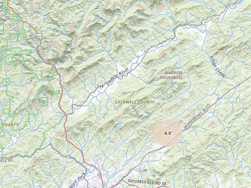 Radar-estimated hail-size map of the storm over Lenoir, NC on Aug 28, 2026