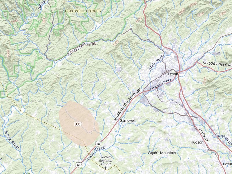 Radar-estimated hail-size map of the storm over Lenoir, NC
