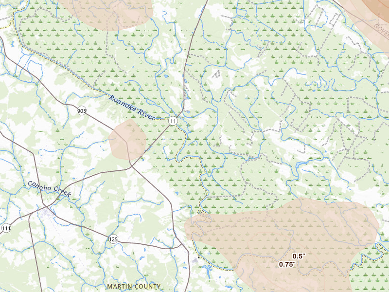 Radar-estimated hail-size map of the storm over Lewiston Woodville, NC