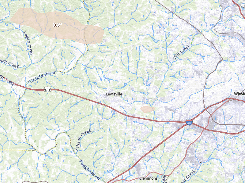 Radar-estimated hail-size map of the storm over Lewisville, NC on Aug 17, 2026