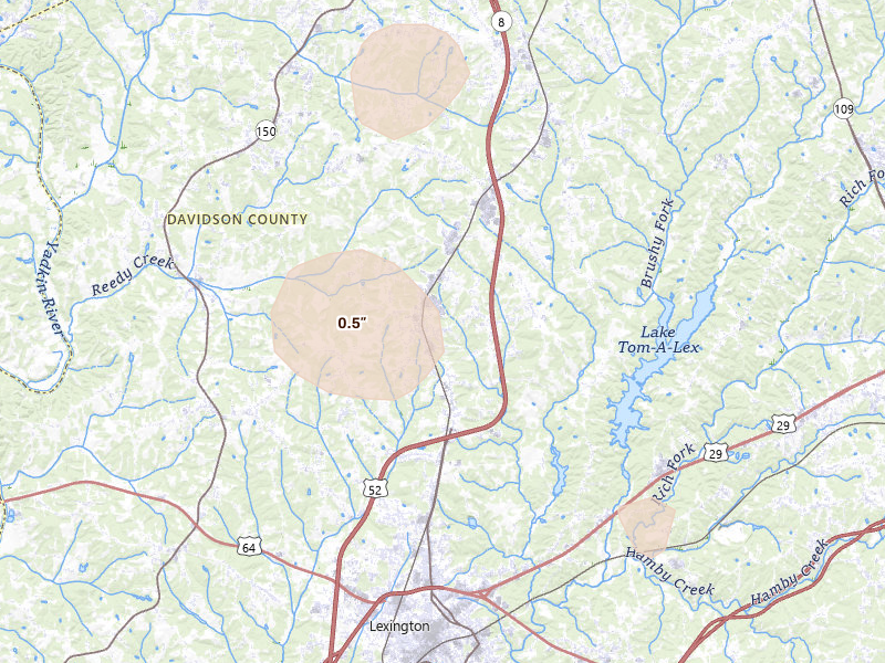 Radar-estimated hail-size map of the storm over Lexington, NC on Jul 6, 2026