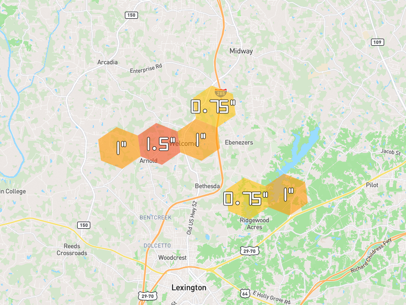 Hail map of Lexington, NC on Jul 6, 2026, hail up to 1.5"