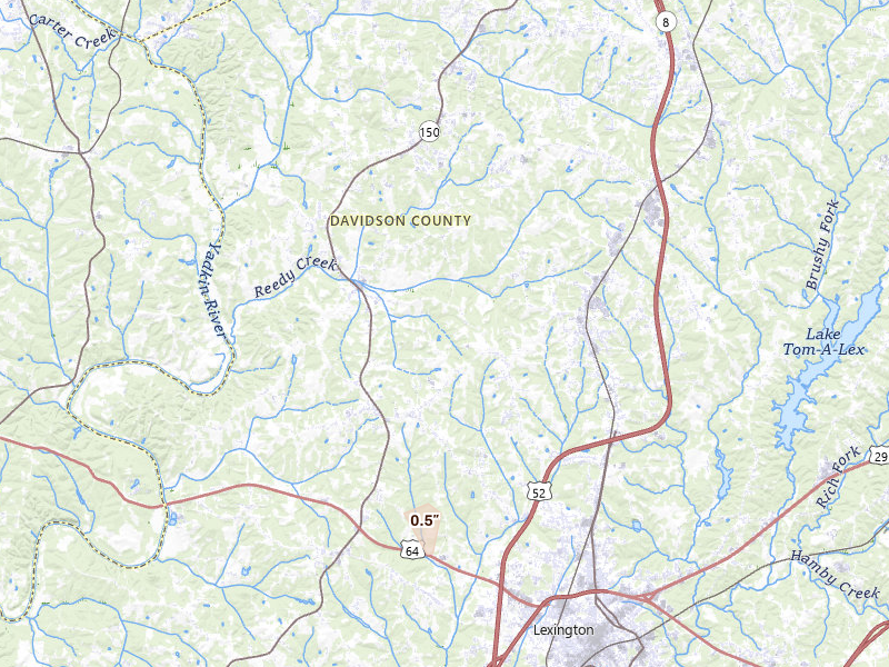 Radar-estimated hail-size map of the storm over Lexington, NC on Aug 10, 2026