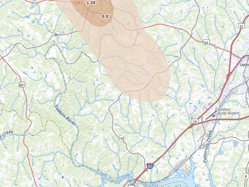 Radar-estimated hail-size map of the storm over Lexington, NC on Aug 11, 2026