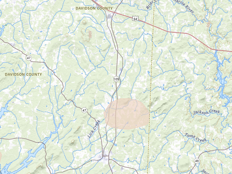 Radar-estimated hail-size map of the storm over Lexington, NC on Aug 28, 2026