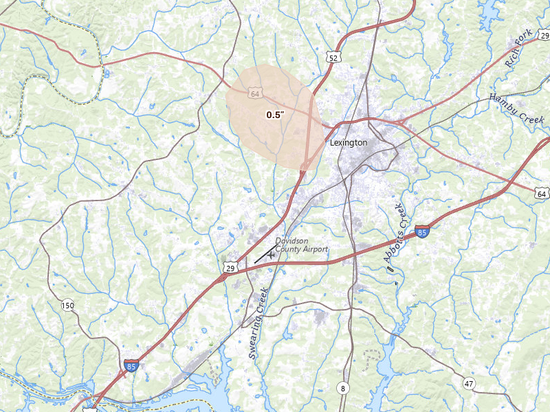 Radar-estimated hail-size map of the storm over Lexington, NC