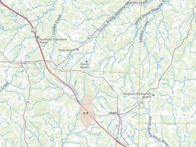 Radar-estimated hail-size map of the storm over Liberty, NC on Aug 6, 2026