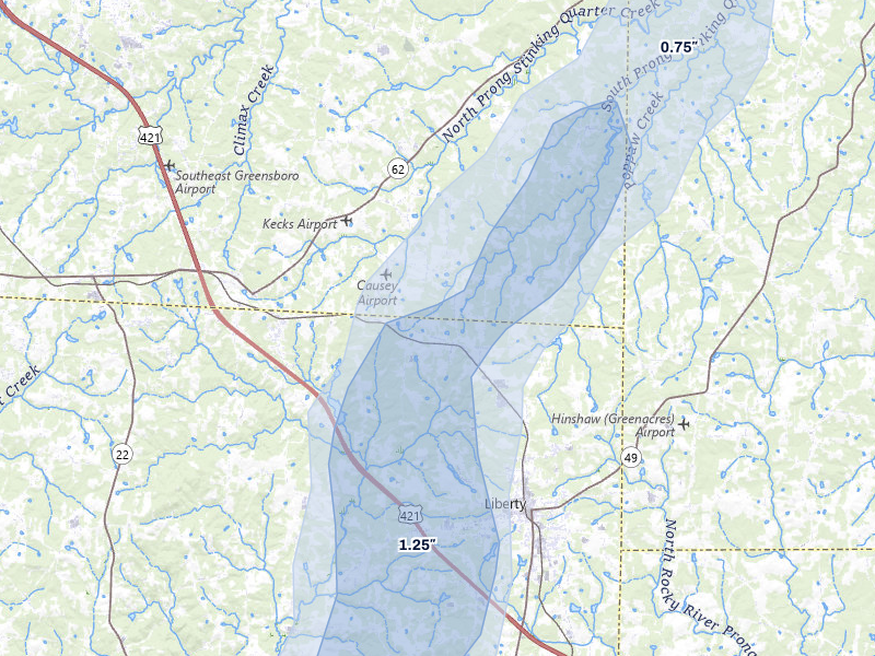 NEXRAD radar-signature map of the hail storm over Liberty, NC on Aug 6, 2026