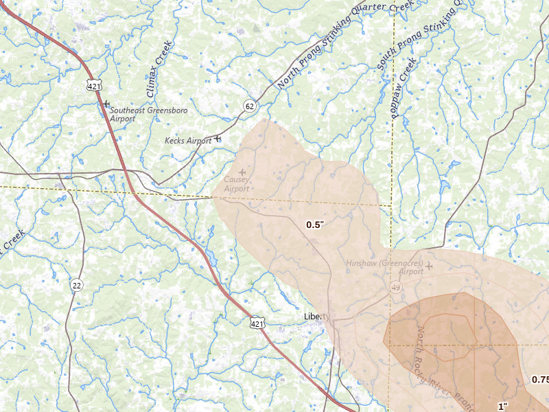 Radar-estimated hail-size map of the storm over Liberty, NC on Sep 5, 2026