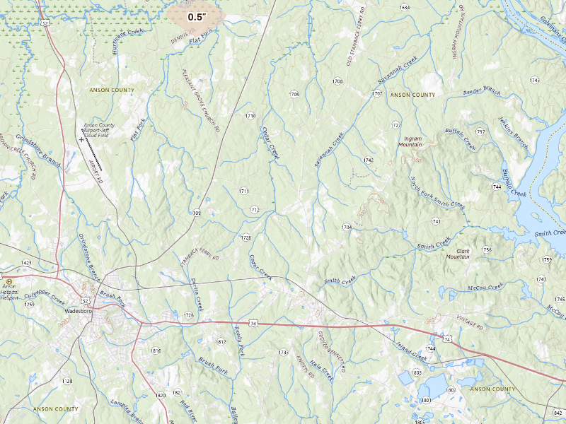 Radar-estimated hail-size map of the storm over Lilesville, NC on Jul 5, 2026