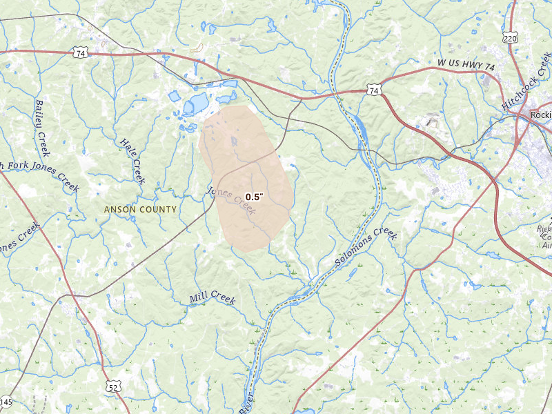 Radar-estimated hail-size map of the storm over Lilesville, NC on Jul 6, 2026