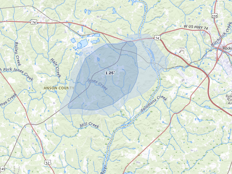 NEXRAD radar-signature map of the hail over Lilesville, NC