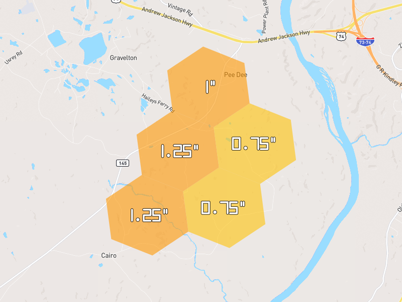 Hail map of Lilesville, NC on Jul 6, 2026, hail up to 1.25"