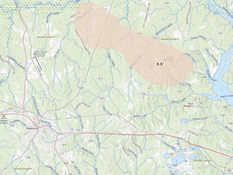 Radar-estimated hail-size map of the storm over Lilesville, NC