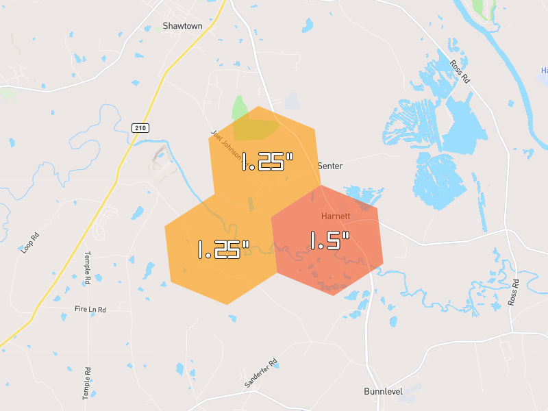 Hail map of Lillington, NC on Jul 12, 2026, hail up to 1.5"
