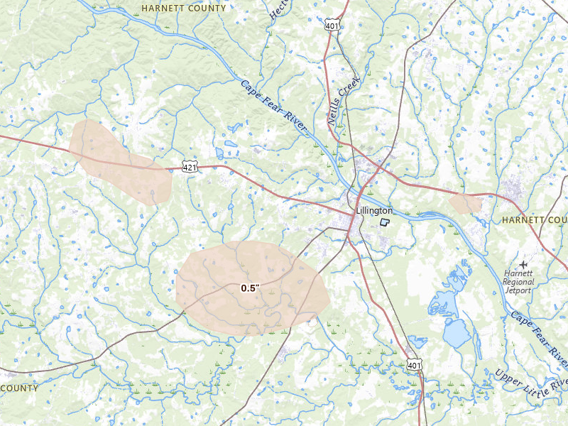 Radar-estimated hail-size map of the storm over Lillington, NC on Aug 11, 2026