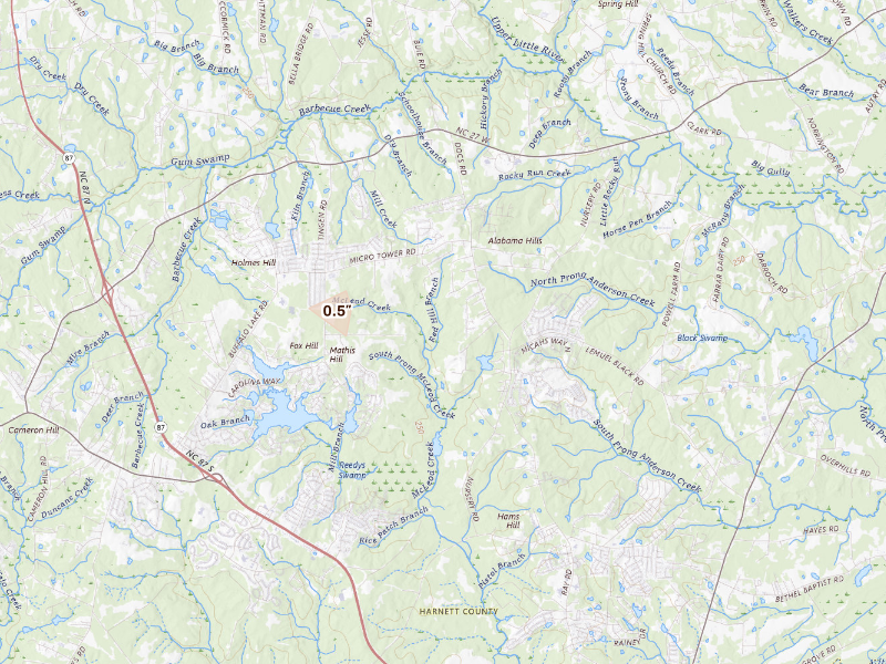 Radar-estimated hail-size map of the storm over Lillington, NC