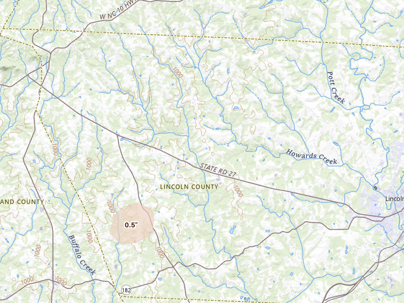 Radar-estimated hail-size map of the storm over Lincolnton, NC on Aug 14, 2026