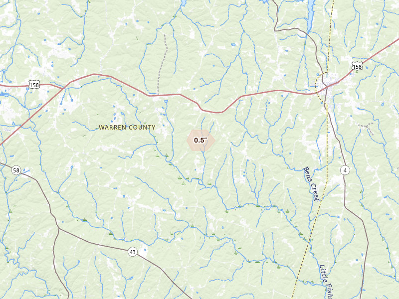 Radar-estimated hail-size map of the storm over Littleton, NC on May 24, 2026