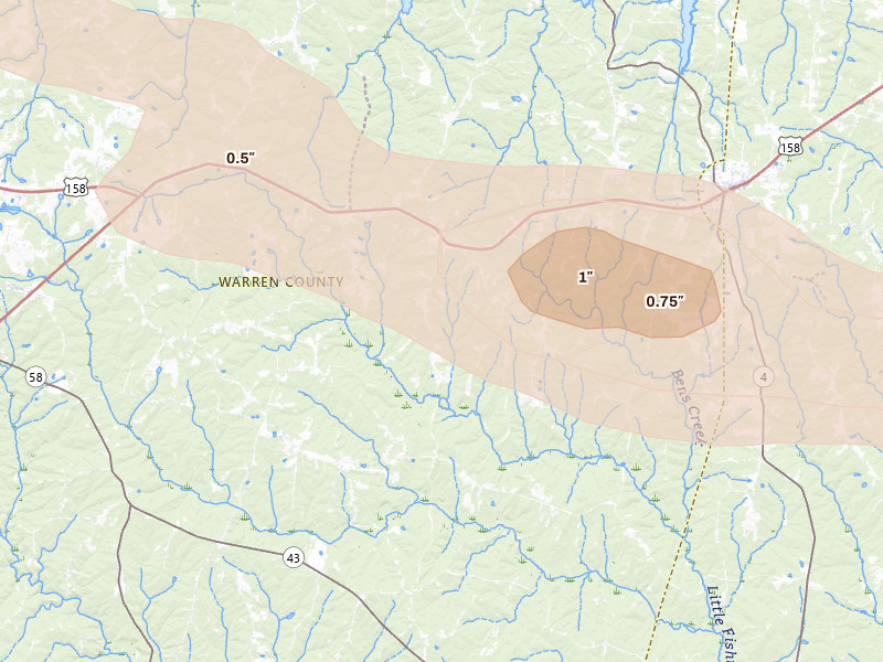 Radar-estimated hail-size map of the storm over Littleton, NC on May 27, 2026