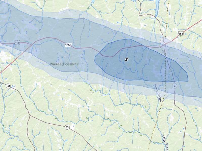 NEXRAD radar-signature map of the hail storm over Littleton, NC on May 27, 2026