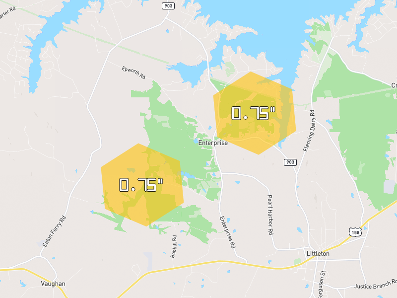 Hail map of Littleton, NC on Jul 29, 2026, hail up to 0.75"